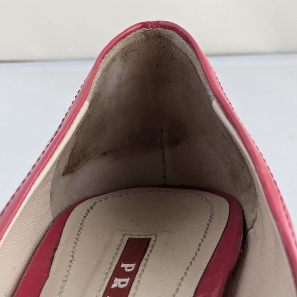 Prada Berry Pink Patent Leather Peep-Toe Wedges Espadrilles Sz 38 - Picture 10 of 15